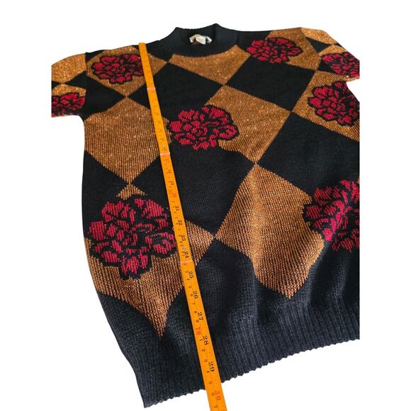 VTG DANA SCOTT Sweater Womens Sz M Red Gold harlequin/floral OVERSIZED pullover - Picture 7 of 7